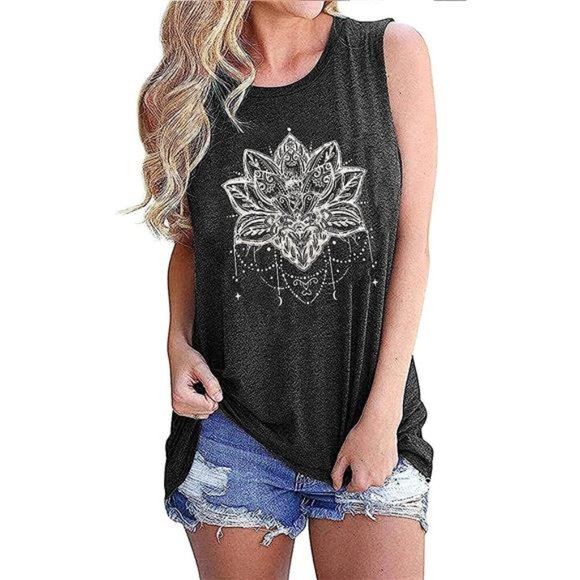 Boho Lotus Flower Printed Wide Racerback Graphic Tee Tank Top Cami T Shirt Yoga - Picture 6 of 10